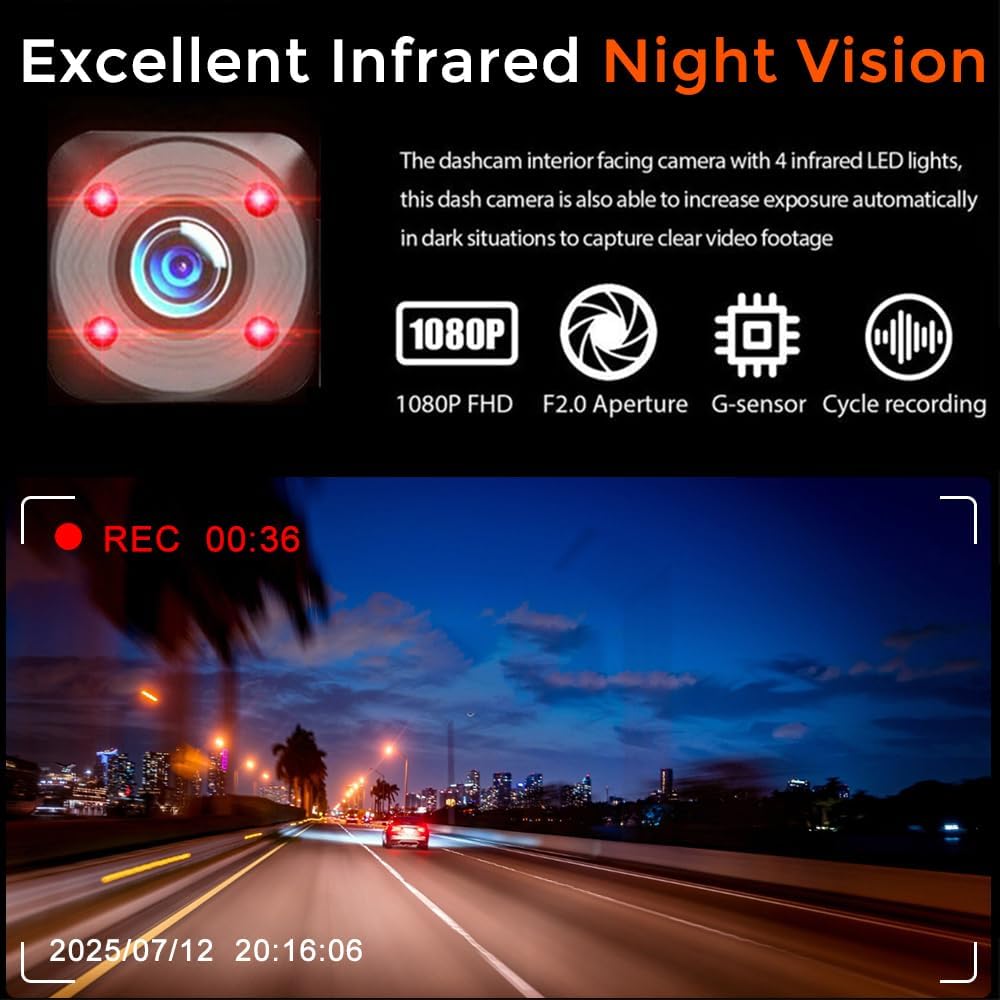 Dash Cam for Cars, 1080P Full HD Dual Dash Cam Front Inside, WiFi, 2" Screen, Night Vision, G-Sensor, Loop Recording, 170° Wide Angle, APP Control (Dual Dashcam)