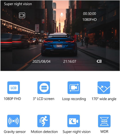 Dash Cam Front and Rear with 32G Card FHD 1080P 3”IPS Screen Dash Camera for Cars W/Super Night Vision Dashboard Camera with G-Sensor, Parking Monitor, Loop Recording, Motion Detection