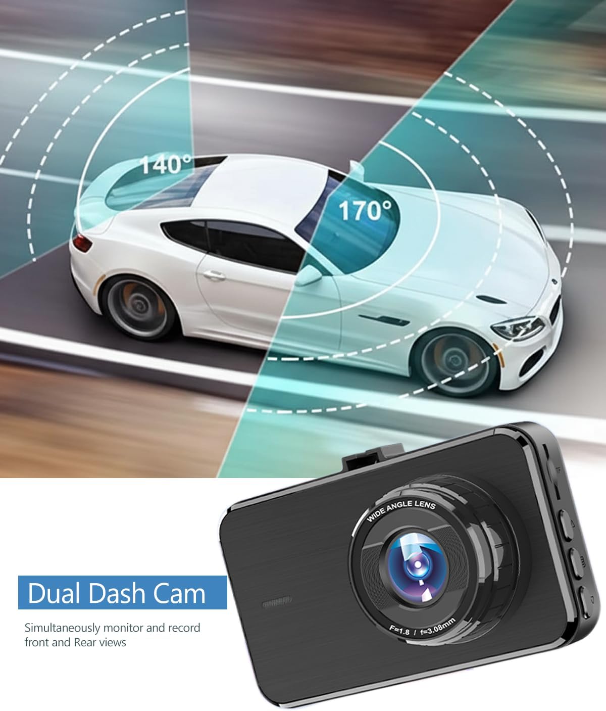 Dash Cam Front and Rear with 32G Card FHD 1080P 3”IPS Screen Dash Camera for Cars W/Super Night Vision Dashboard Camera with G-Sensor, Parking Monitor, Loop Recording, Motion Detection