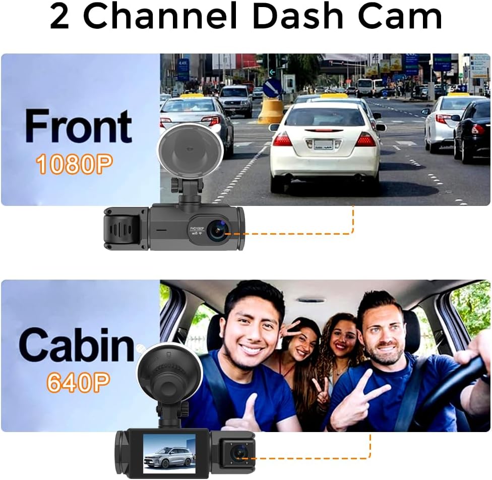 Dash Cam for Cars, 1080P Full HD Dual Dash Cam Front Inside, WiFi, 2" Screen, Night Vision, G-Sensor, Loop Recording, 170° Wide Angle, APP Control (Dual Dashcam)