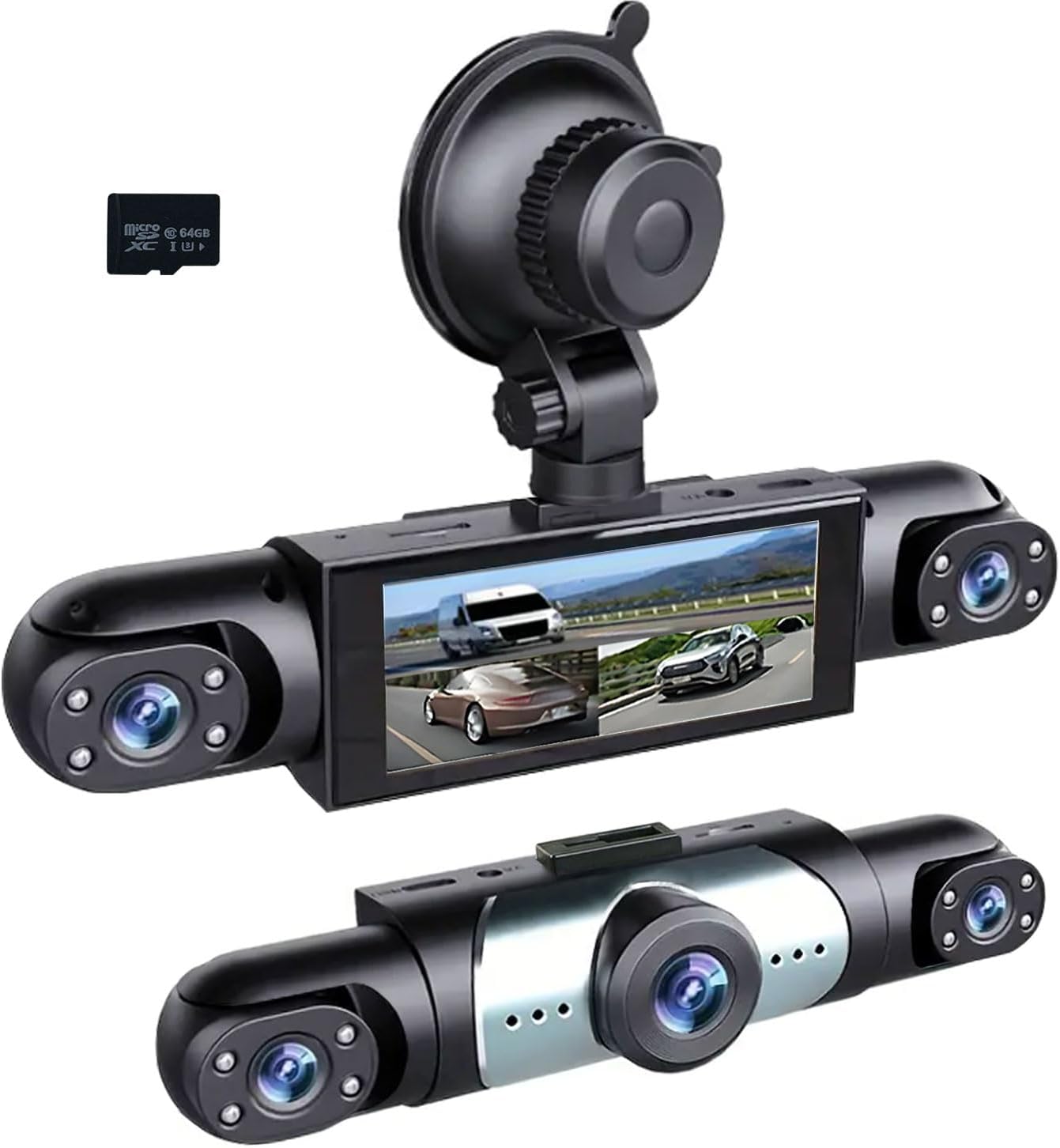 3 Channel Dash Cam Front Inside and Left Right, 1080P HD Dash Camera for Cars, 3.16 inches Car Camera 150° Wide Angle Dashcam, Night Vision, Loop Recording, G-Sensor, 64GB Card