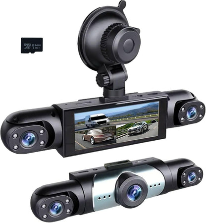 3 Channel Dash Cam Front Inside and Left Right, 1080P HD Dash Camera for Cars, 3.16 inches Car Camera 150° Wide Angle Dashcam, Night Vision, Loop Recording, G-Sensor, 64GB Card