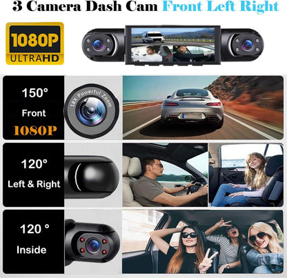 3 Channel Dash Cam Front Inside and Left Right, 1080P HD Dash Camera for Cars, 3.16 inches Car Camera 150° Wide Angle Dashcam, Night Vision, Loop Recording, G-Sensor, 64GB Card