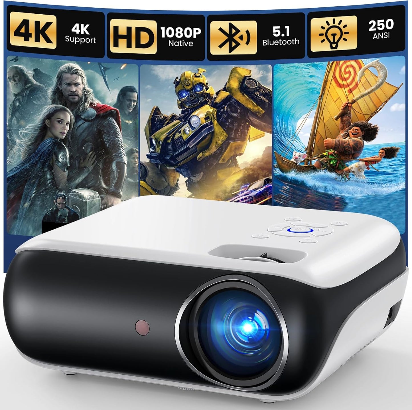 1080P Bluetooth Projector, Full HD Portable Outdoor Movie Projector with Built-in Speaker, Compatible with Smartphone, HDMI, USB, AV, Fire Stick, PS5 for Home, Bedroom, Outdoor Use